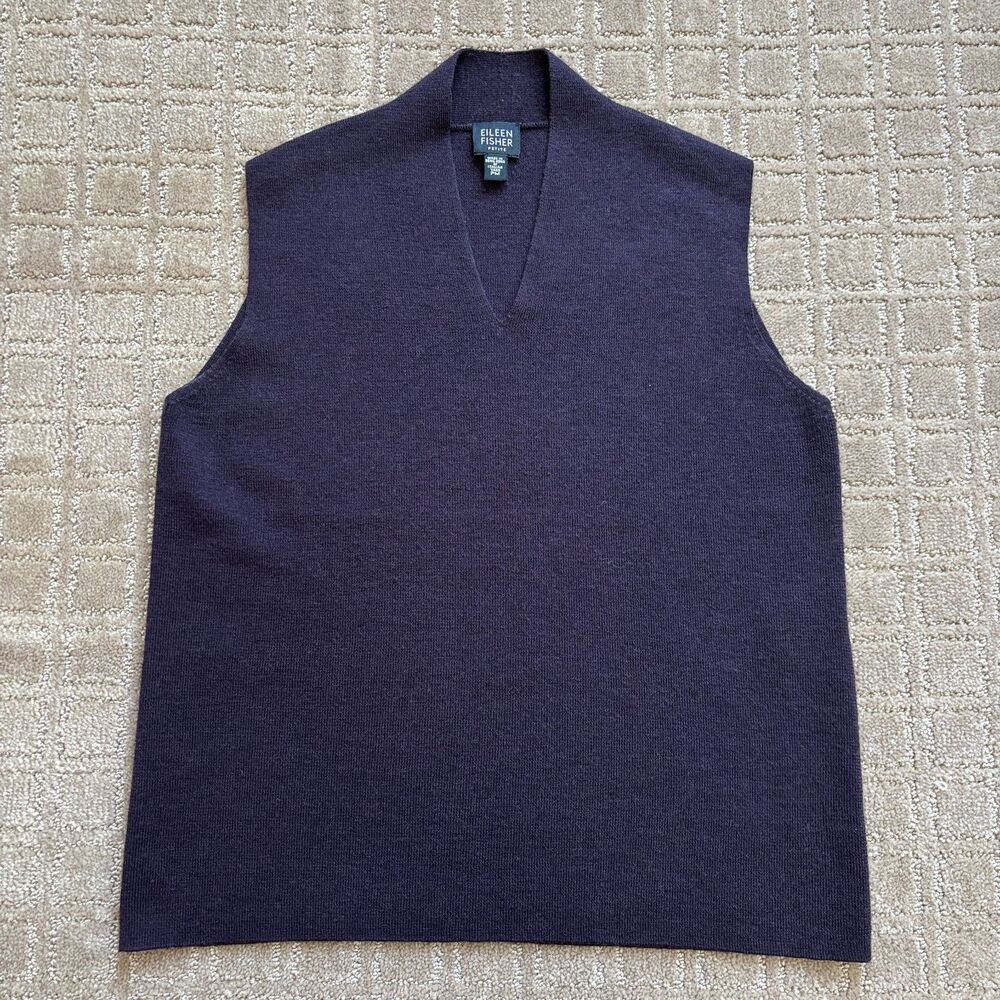 Eileen Fisher Wool Sweater Vest Women's MP Plum Purple V Neck Preppy Academia